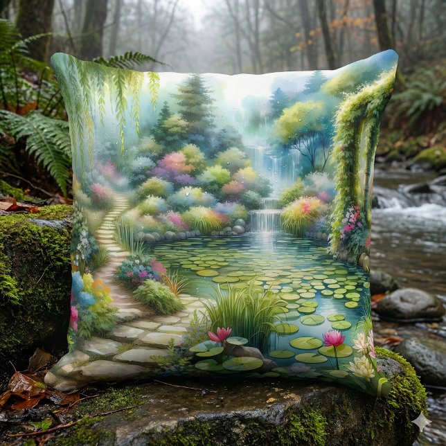 Enchanted Waterfall Garden Lily Pond Cushion (Enchanted Waterfall Garden Lily Pond Throw Pillow Mockup A)