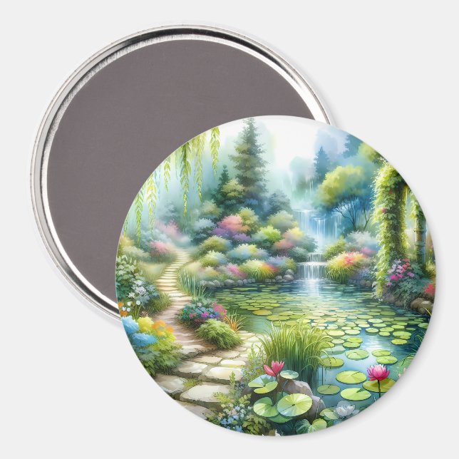 Enchanted Waterfall Garden Lily Pond Magnet (Front/Back)