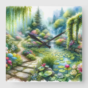 Enchanted Waterfall Garden Lily Pond Square Wall Clock