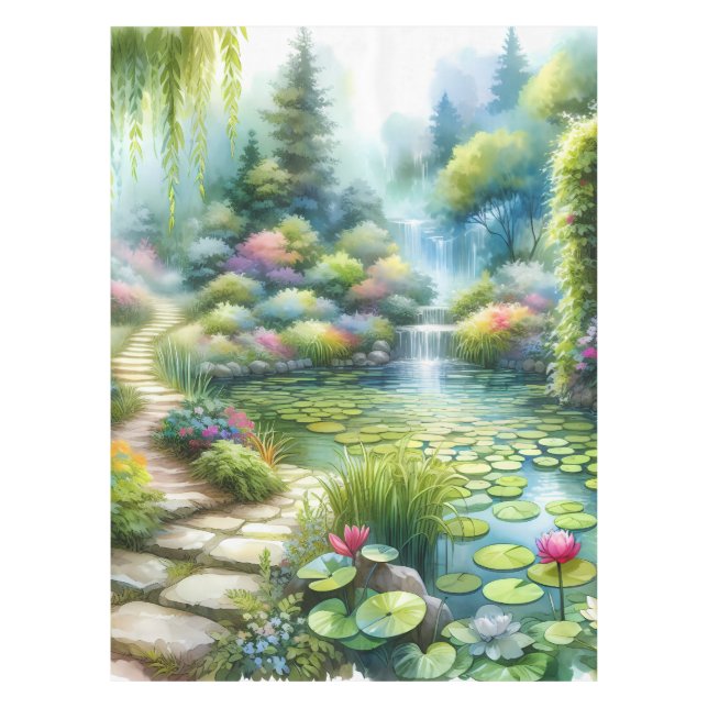 Enchanted Waterfall Garden Lily Pond Tablecloth (Front)