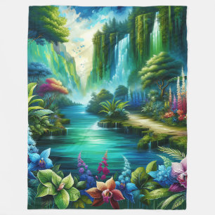  "Enchanted Waterfall Oasis" Fleece Blanket