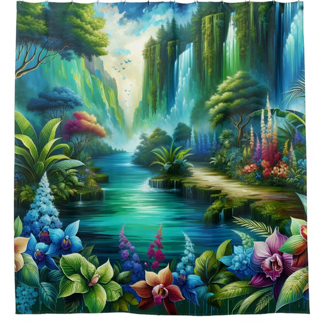  "Enchanted Waterfall Oasis" Shower Curtain (Front)