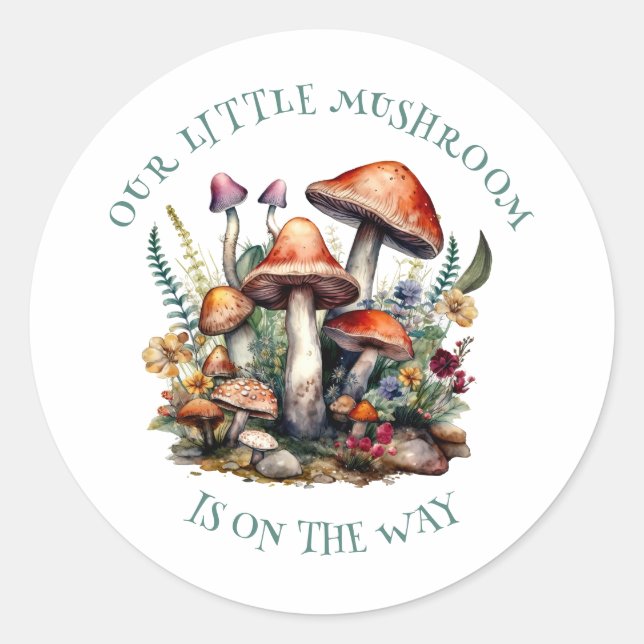 Enchanted Whimsical Mushrooms Woodland Baby Shower Classic Round Sticker (Front)