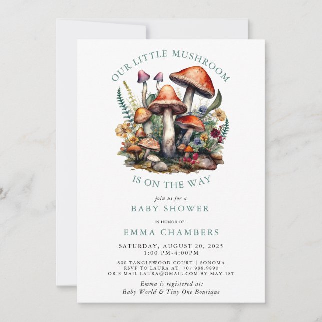 Enchanted Whimsical Mushrooms Woodland Baby Shower Invitation (Front)