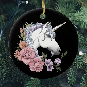 Enchanted White Unicorn Flowers Pink Black Ceramic Tree Decoration