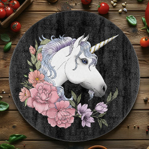 Enchanted White Unicorn Flowers Pink Black Cutting Board