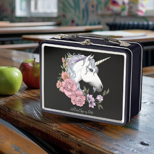 Enchanted White Unicorn Flowers Pink Black Metal Lunch Box