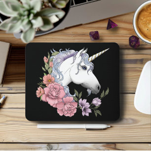 Enchanted White Unicorn Flowers Pink Black Mouse Mat