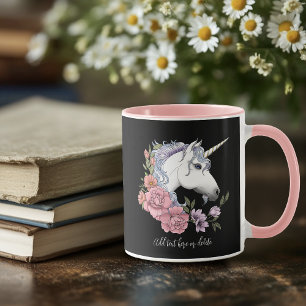 Enchanted White Unicorn Flowers Pink Black Mug
