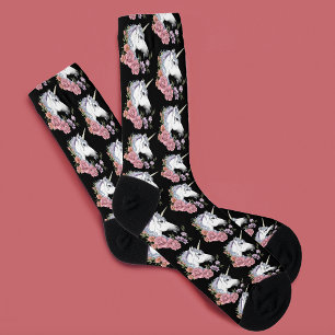 Enchanted White Unicorn Flowers Pink Black Socks