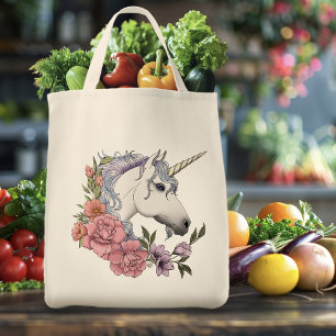 Enchanted White Unicorn Flowers Pink Black Tote Bag