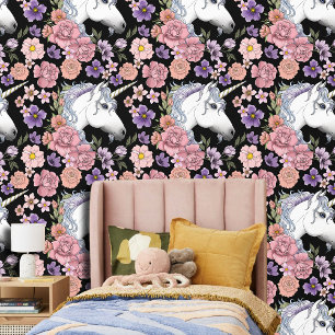 Enchanted White Unicorn Flowers Pink Black Wallpaper
