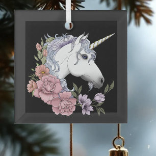 Enchanted White Unicorn Flowers Pink Roses Glass Tree Decoration