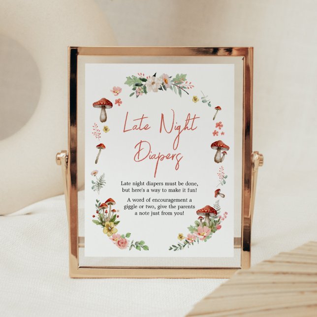 Enchanted Wildflower Mushroom Late Night Diapers Poster (Enchanted Mushroom Baby Shower Late Night Diapers Sign)