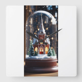 "Enchanted Winter Church in a Snow Globe" Square Wall Clock