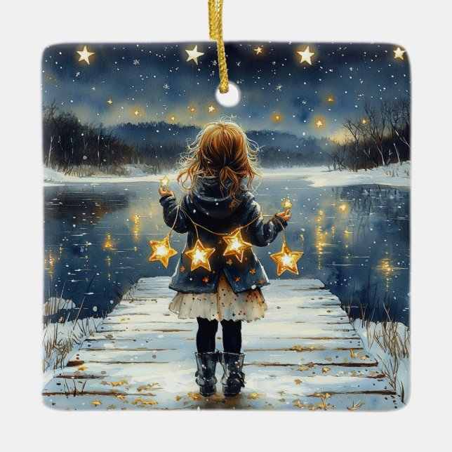 Enchanted Winter Night Stars Kids Christmas Ceramic Ornament (Front)