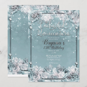 Enchanted Winter Roses Silver White Quinceañera  Invitation