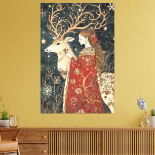 Enchanted Winter: The Maiden and the Stag Canvas Print
