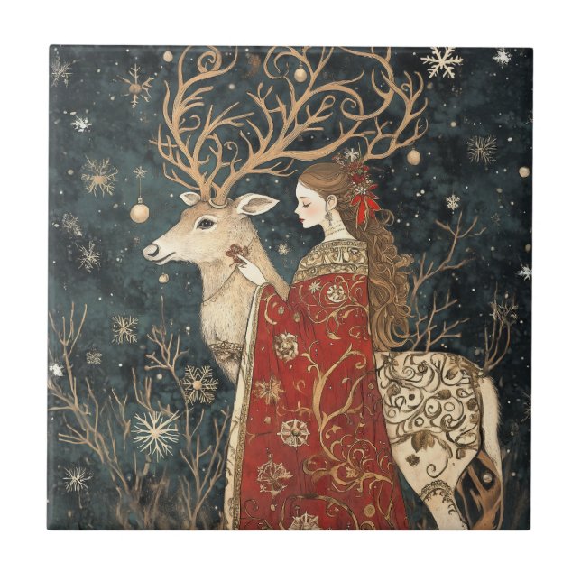 Enchanted Winter: The Maiden and the Stag Tile (Front)