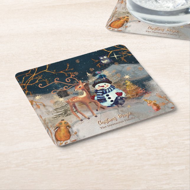 Enchanted Winter Wonderland  Snowmand & Deer Square Paper Coaster (Angled)