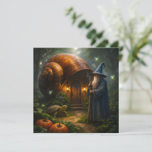 Enchanted wizard and snail house whimsical fantasy card
