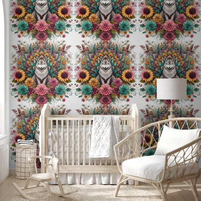 Enchanted Wolf & Boho Blossoms Wallpaper (Kids)