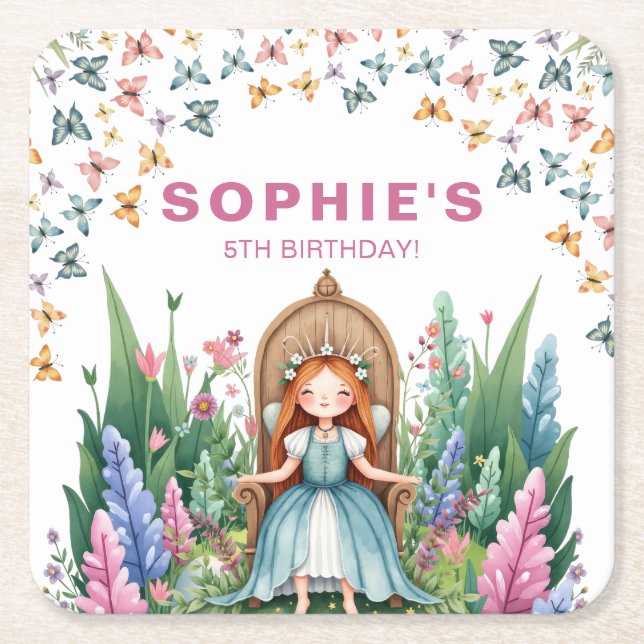 Enchanted Woodland Fairy Princess Birthday Square Paper Coaster (Front)