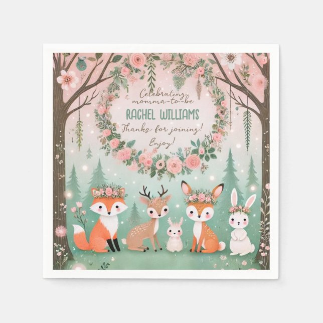 Enchanted Woodland Forest Creatures Baby Shower Napkin (Front)