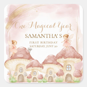 Enchanted Woodland Mushroom First Birthday Party Square Sticker