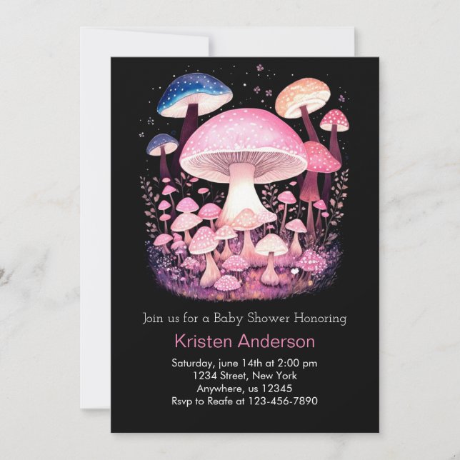 Enchanted Woodland Pink Mushroom Girl Baby Shower Invitation (Front)