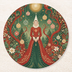 Enchanted Yuletide Forest Elf Queen Round Paper Coaster