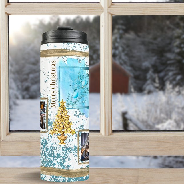 Enchanting 5 Photo Collage Blue & Gold Christmas Thermal Tumbler (Creator Uploaded)