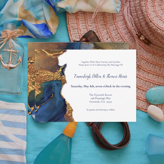 Enchanting Abstract Blue Gold Wedding Invitation (Creator Uploaded)