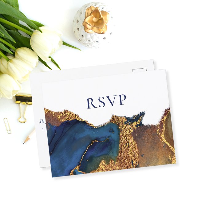 Enchanting Abstract Blue Gold Wedding RSVP Invitation Postcard (Creator Uploaded)