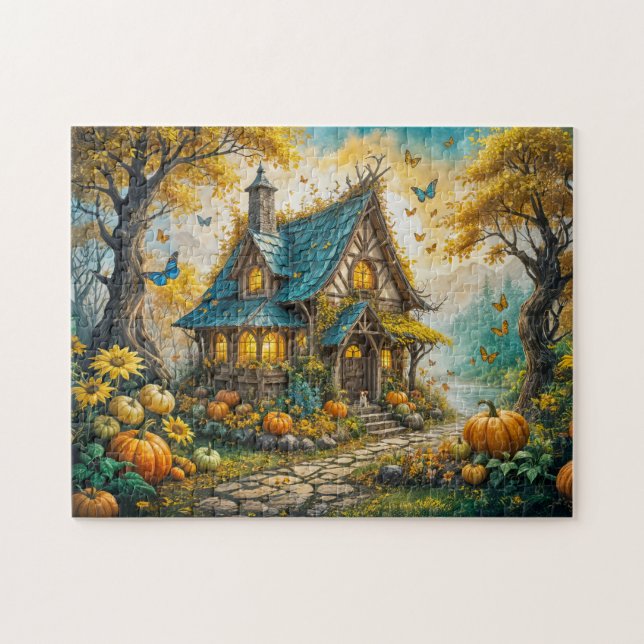 Enchanting Autumn Cottage with Pumpkins Jigsaw Puzzle (Horizontal)