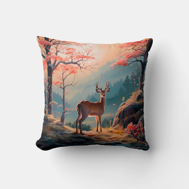 Enchanting Autumn Deer Forest Scene Design Cushion (Front)