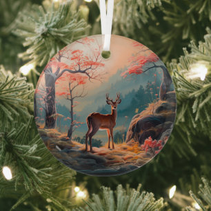 Enchanting Autumn Deer Forest Scene Design Glass Tree Decoration