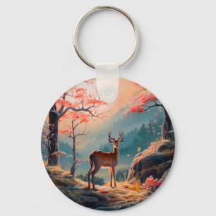 Enchanting Autumn Deer Forest Scene Design Key Ring