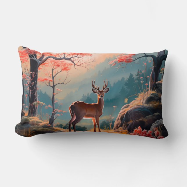 Enchanting Autumn Deer Forest Scene Design Lumbar Cushion (Front)
