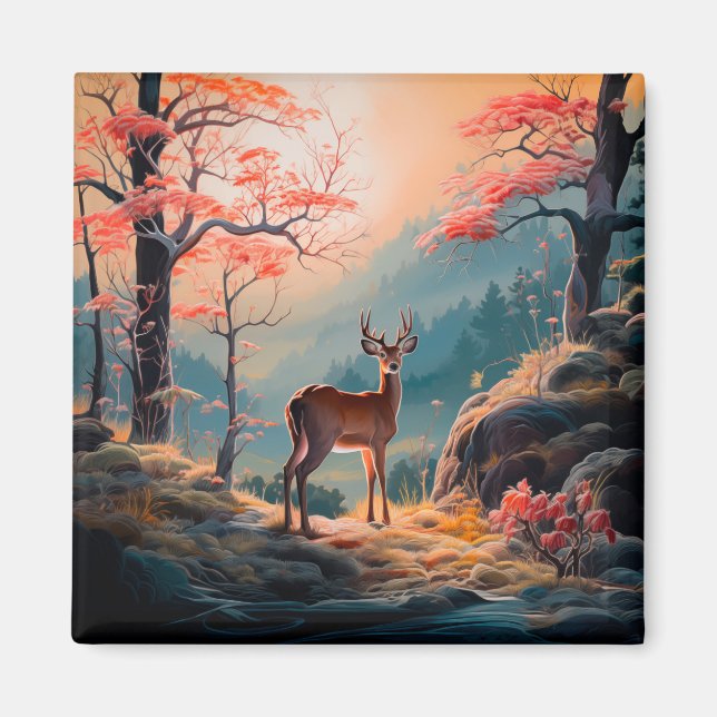 Enchanting Autumn Deer Forest Scene Design Magnet (Front)