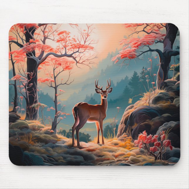 Enchanting Autumn Deer Forest Scene Design Mouse Mat (Front)
