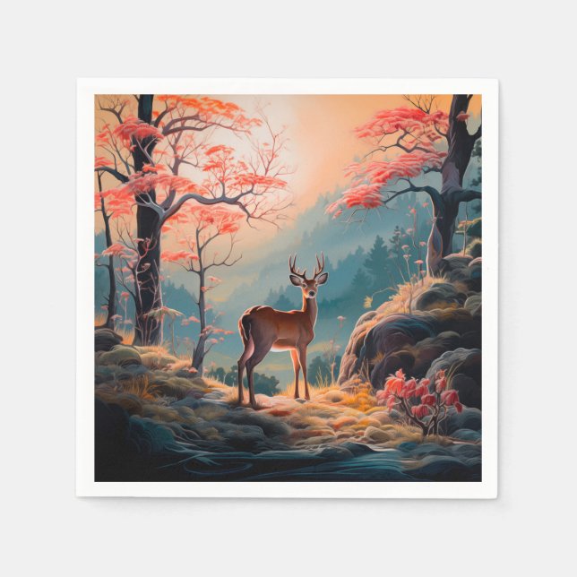 Enchanting Autumn Deer Forest Scene Design Napkin (Front)