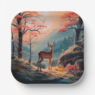 Enchanting Autumn Deer Forest Scene Design Paper Plate