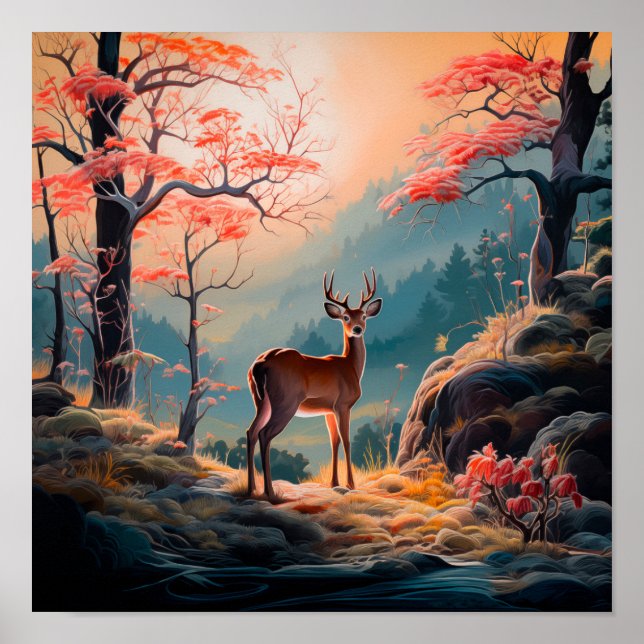 Enchanting Autumn Deer Forest Scene Design Poster (Front)