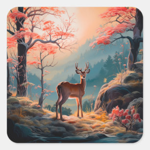 Enchanting Autumn Deer Forest Scene Design Square Sticker