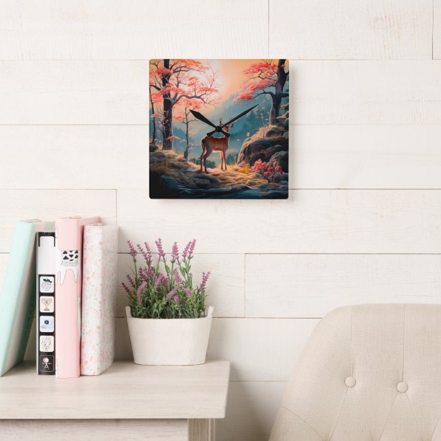 Enchanting Autumn Deer Forest Scene Design Square Wall Clock (Reading Room)
