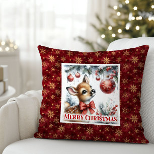 Enchanting baby fawn snowy forest scene Christmas  Cushion