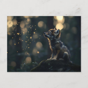 Enchanting Baby Wolf Watching Fireflies Postcard