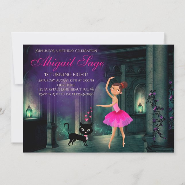 Enchanting Ballerina and Cat Ballet Dance Birthday Invitation (Front)