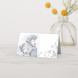 Enchanting bear and girl snowflake festive place card
